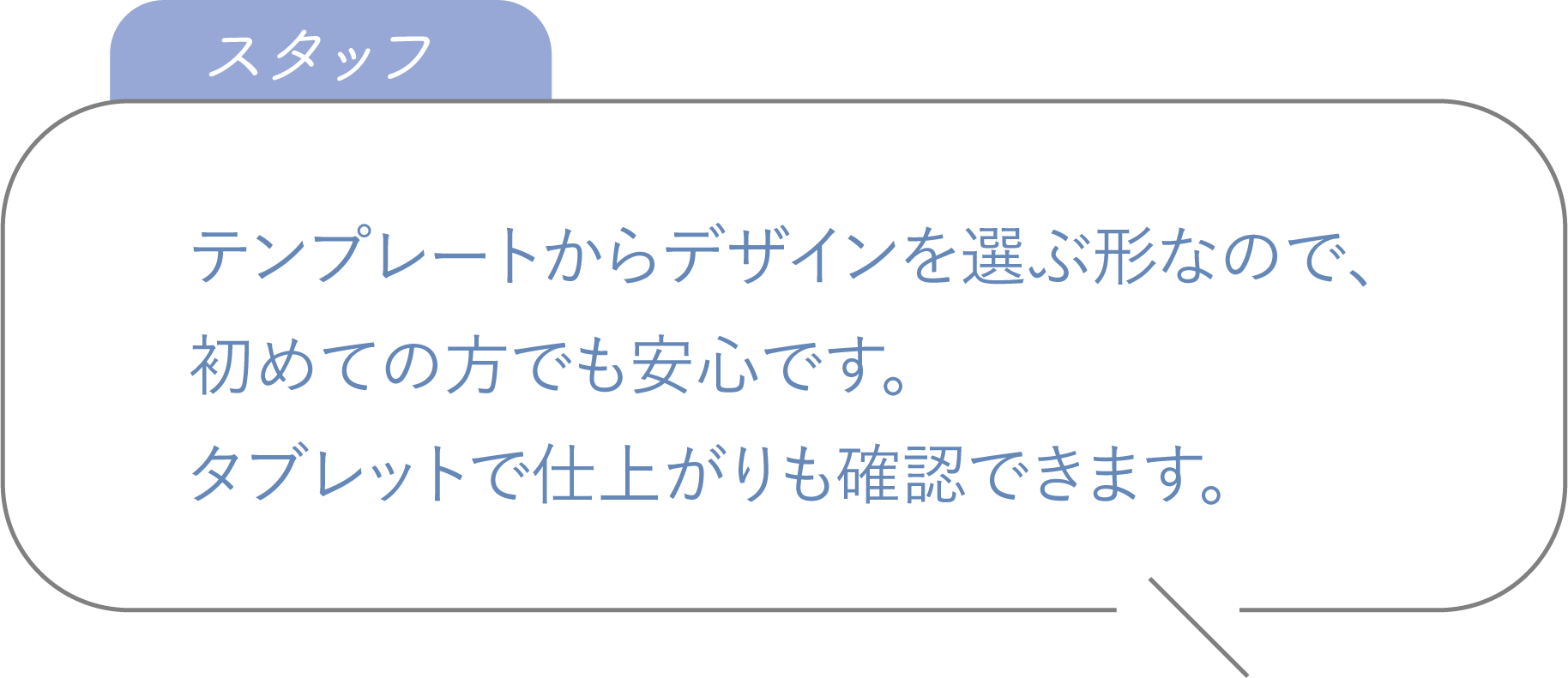テンプレートからデザインを選ぶ形なので、初めての方でも安心です。タブレットで仕上がりも確認できます。